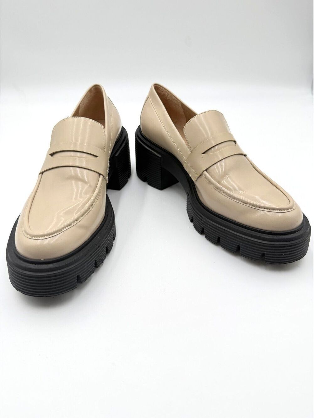 Stuart Weitzman Soho Dune Beige Leather Lug Sole Chunky Platform Loafers Sz 7.5